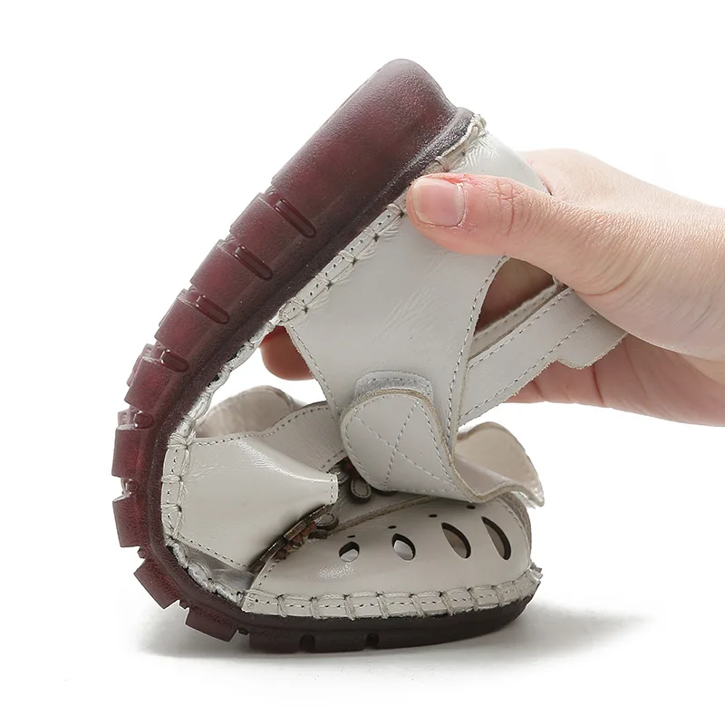Summer National Style Genuine Leather Breathable Soft Flat Sandals Woman Hollow Casual Soft Bottom Sandals Mother's Shoes
