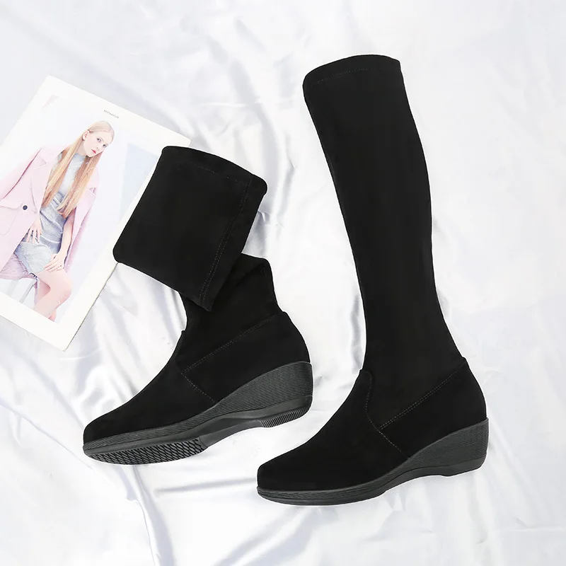 Wedge Booties for Very Comfortable Women High Boots Women Winter Shoes Round Toe Heels Women's Knee Angle Fleece Long Furry Home