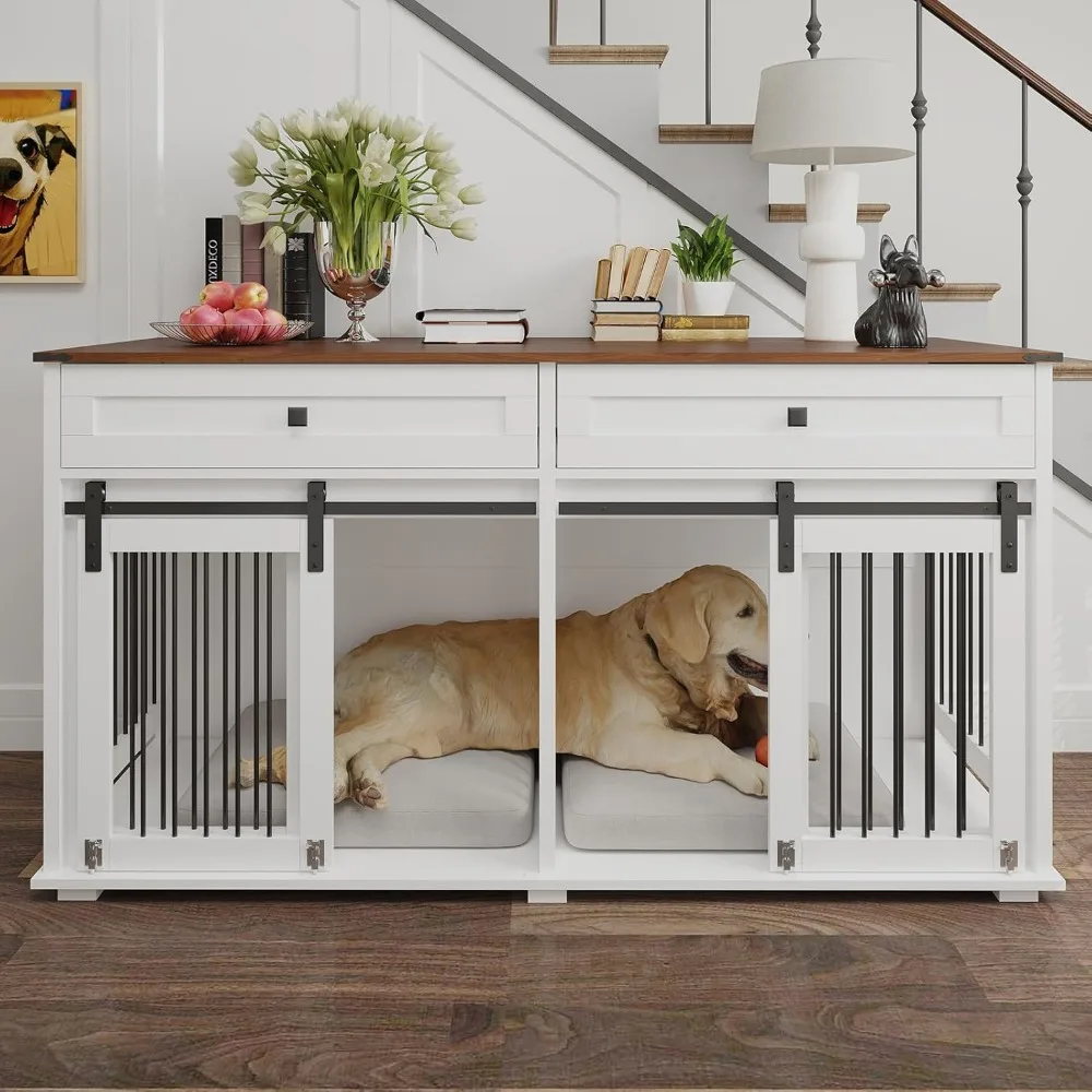 

63'' Dog Crate Furniture for 2 Dogs, Wooden Dog Crate Table Furniture with 2 Storage Drawers, Indoor Dog Kennel with Divider and