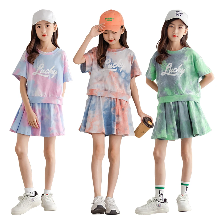 Eco Friendly Camouflage Girls Summer Set Trendy Chic Tie Dye and Lettering on Skirt and Shorts for Sustainable Playtime Wardrobe