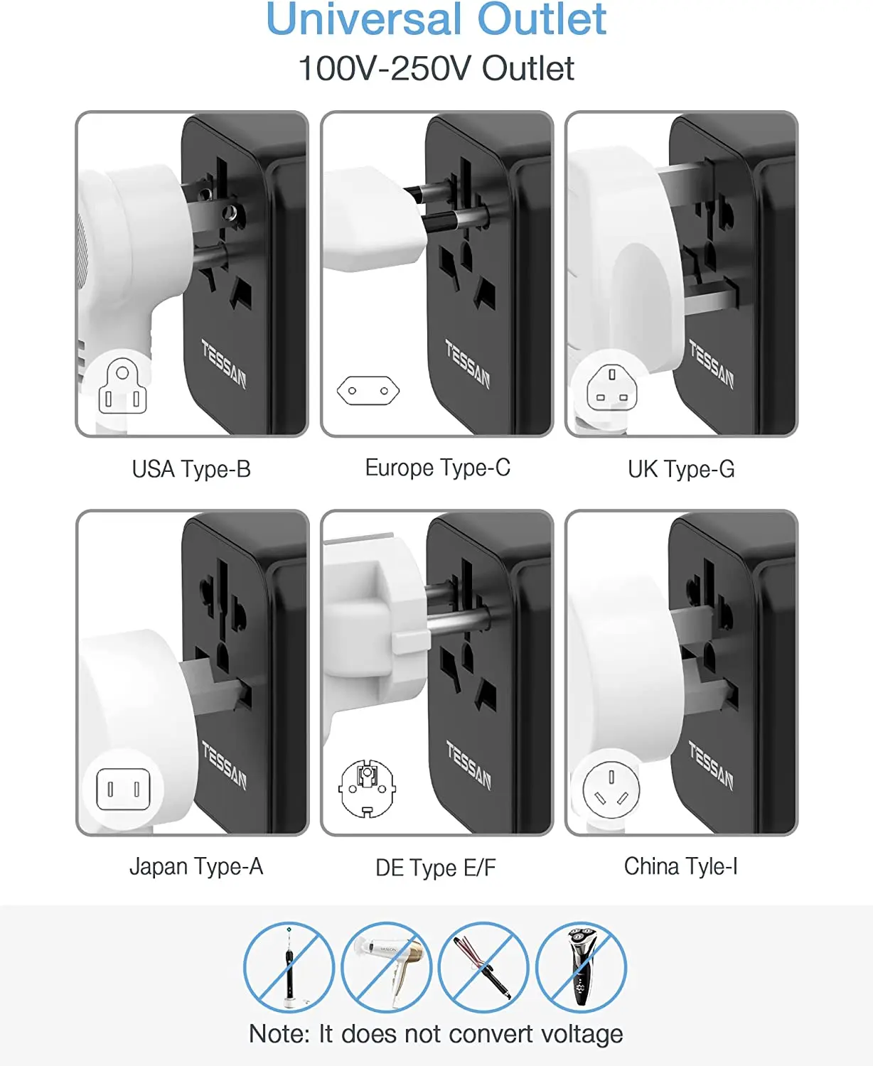 TESSAN-Adaptador de viaje Universal todo en uno, cargador de viaje con puertos USB y cargador de pared tipo C en todo el mundo para viajes de EE. UU., UE, Reino Unido, AUS