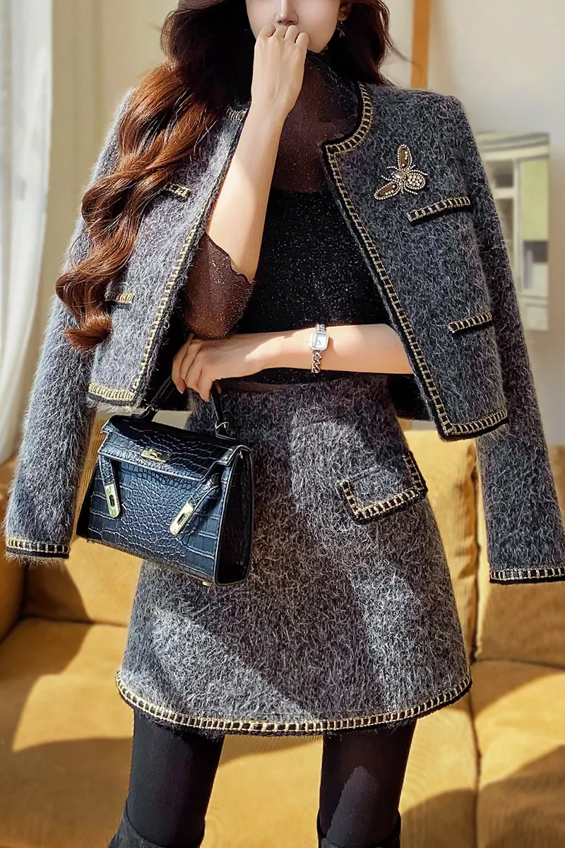 DABUWAWA Elegantes Vintage 2 Piece Sets Women Outfit Light Weight Fancy Suiting Short Jacket Empire Skirt Y2K DA1CSE038