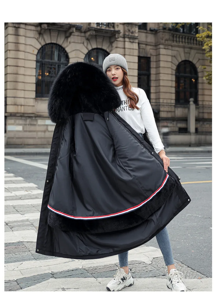 Women Hooded Parkas Coats Long Jackets Solid Detachable Big Fur Lenth Collar Zipper Drawstring Slim Fit Thick Casual 2025 Winter