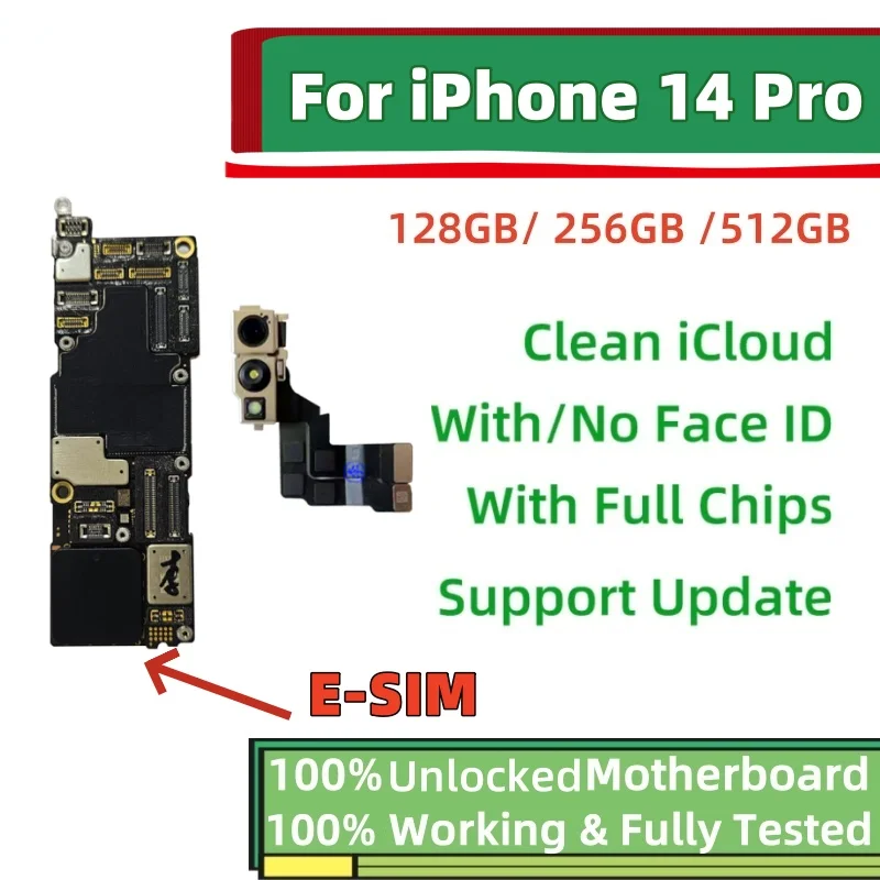 Unlocked Motherboard for iPhone 14 Pro Max, Face ID, 14 Pro, Free Clean iCloud Mainboard, Logic Board Plate, E-SIM, SIM Version