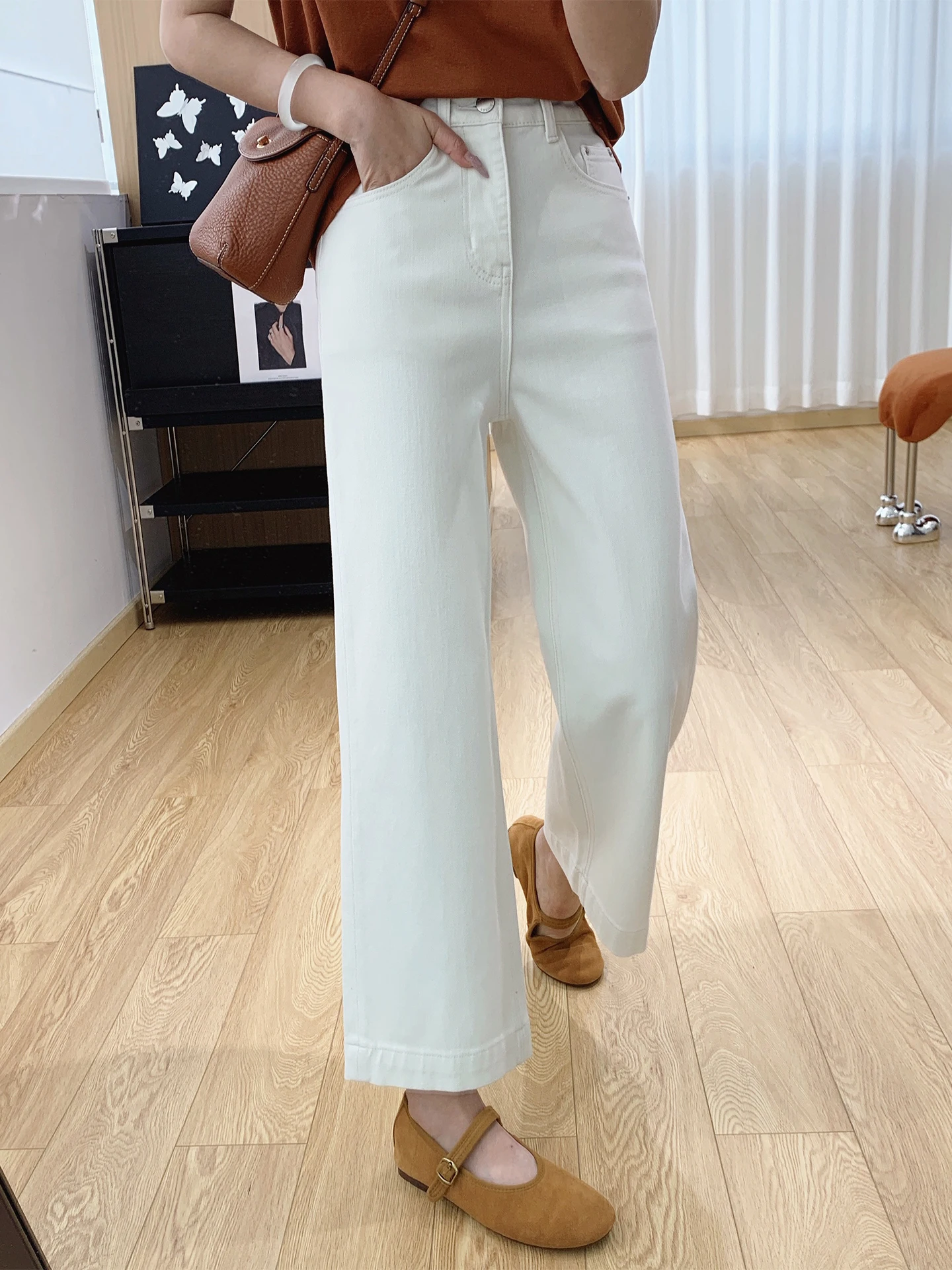 

High Waist Straight Leg Denim Jeans Women's Spring Loose Fit Wide Leg Pants Four Way Stretch Embroidered Detail