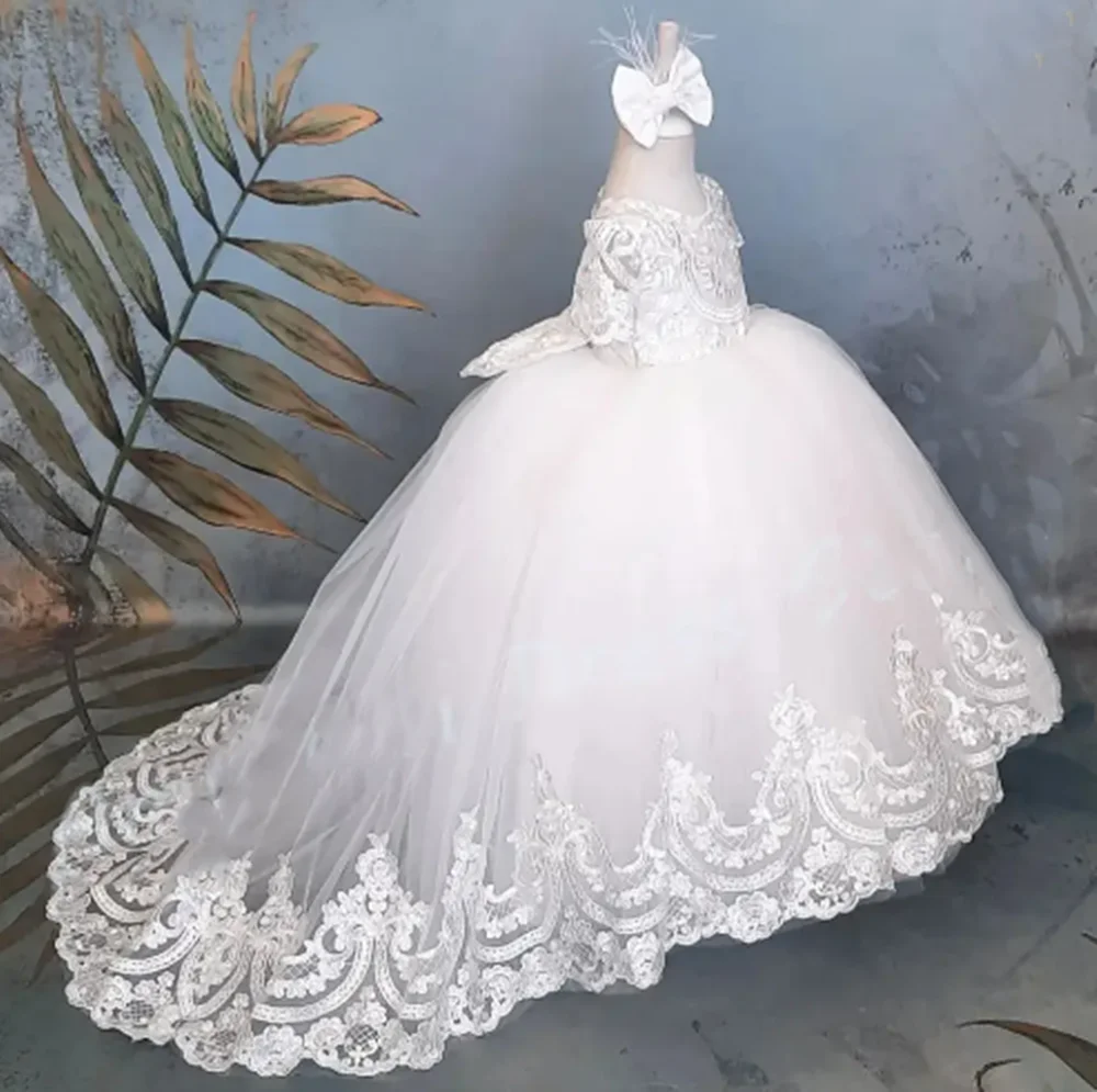 Customized Elegant Flower Girl Dresses For Wedding Lace Tulle Appliques Simple Kids Bridesmaid First Communion Birthday Gown