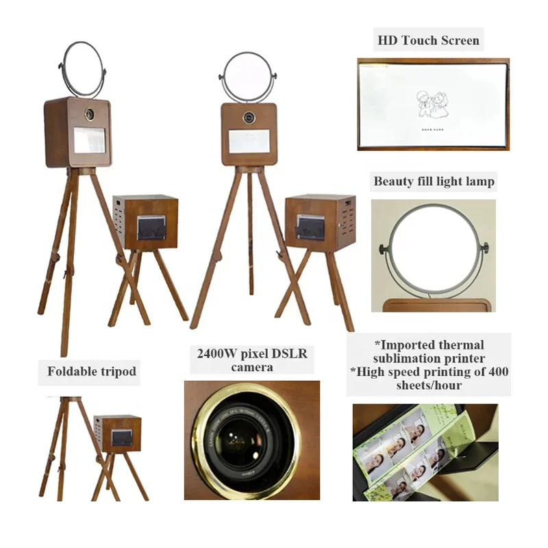 Cabina fotografica portatile leggera e piccola in stile retrò, design vintage in legno per riunioni e feste di matrimonio