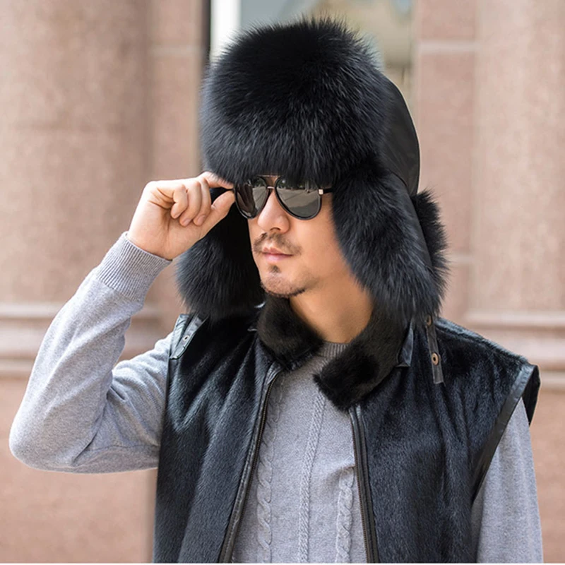 Inverno masculino 100% real prata pele de raposa bombardeiro