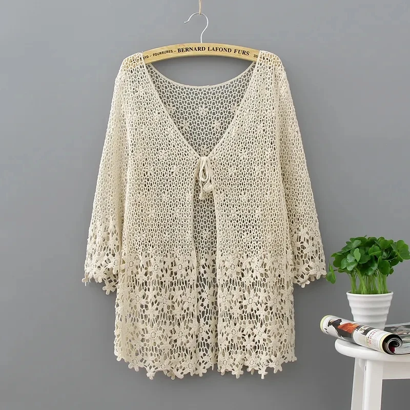 2023 Summer Fashion Hollow Out Knitting Sun Protection Clothing Women\'s Coat Loose Cardigan Ladies Shawl Air-Conditioning Shirt
