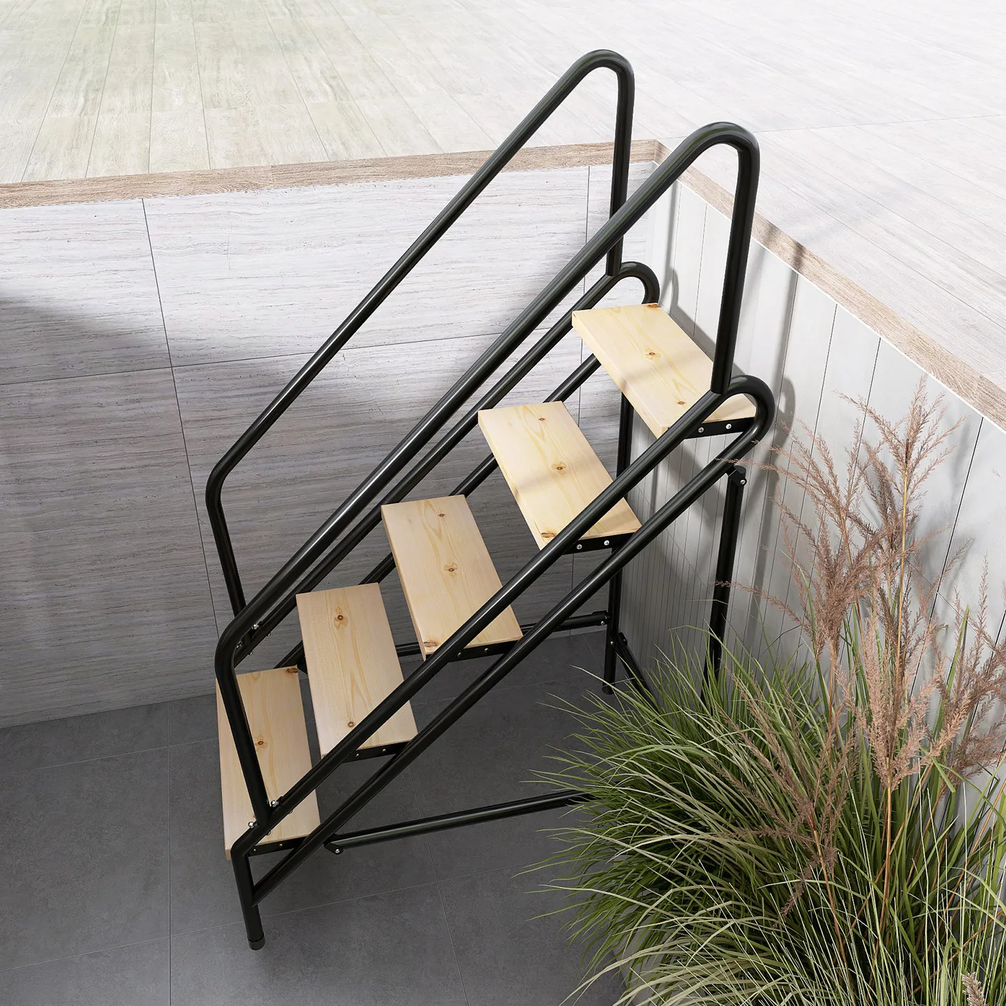 Escalera para piscina interior y exterior, gruesa, para uso doméstico, soporte simple para macetas de balcón, taburete de madera plegable móvil para subir escaleras