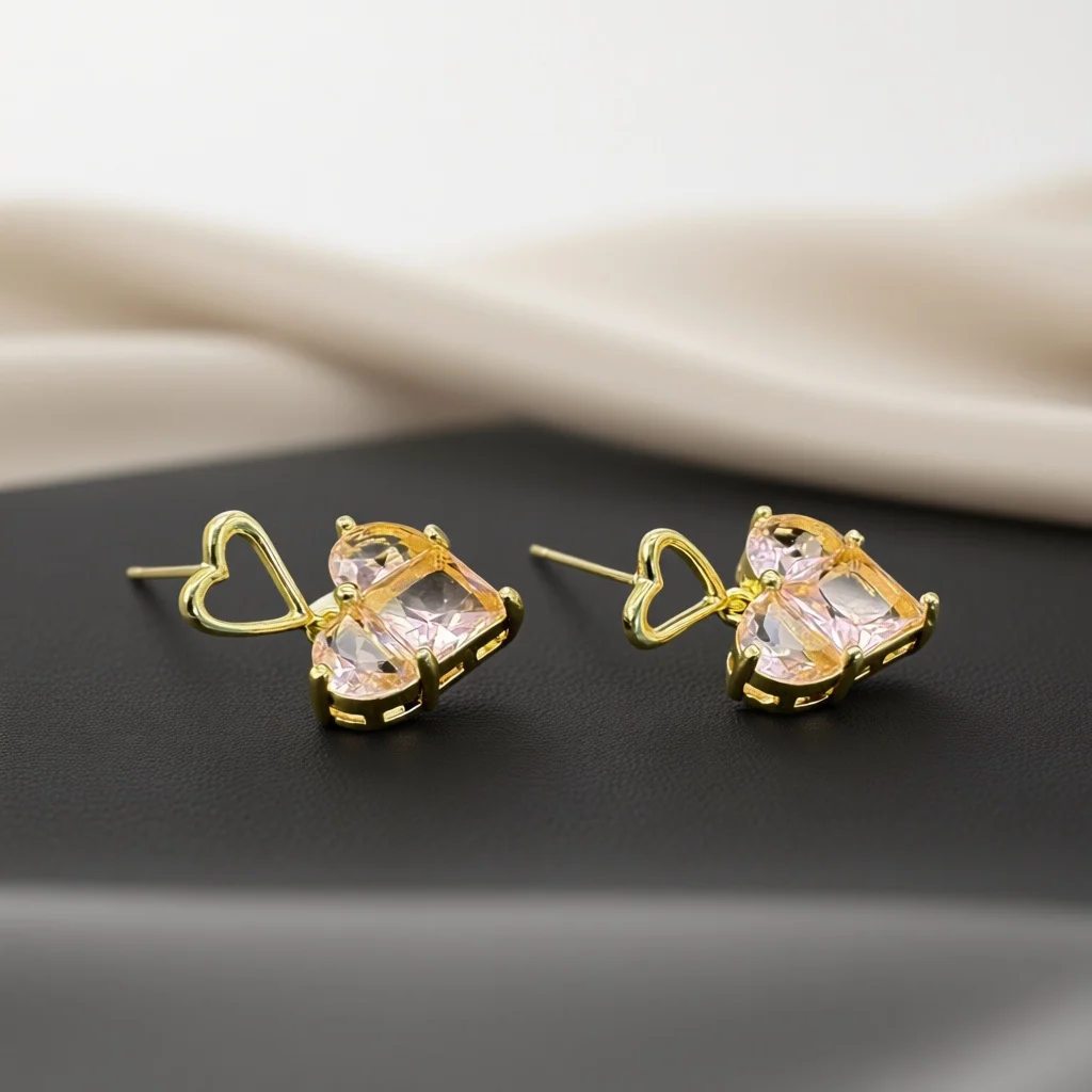 Silver Tone Double‑Heart Pink Zircon Dangle Earrings for Women, Hollow Top Heart‑Cut Stone Drop Studs, Sweet Romantic Jewelry