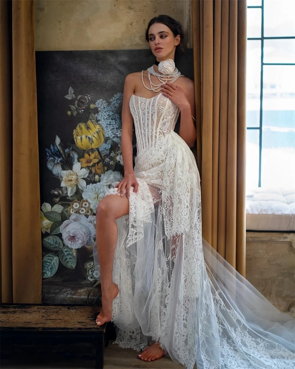 Short Boho Wedding Dress for Bride Bohemian Sexy Illusion Strapless Corset with Detachable Train Bridal Gowns vestidos de novia