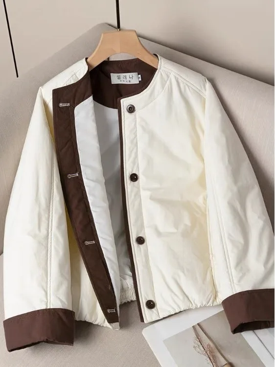 

Korean Design Sense Color Blo round Ne Cotton Jaet Women Winter New Loose Casual Thiened Warm Cotton Coat Outerwear