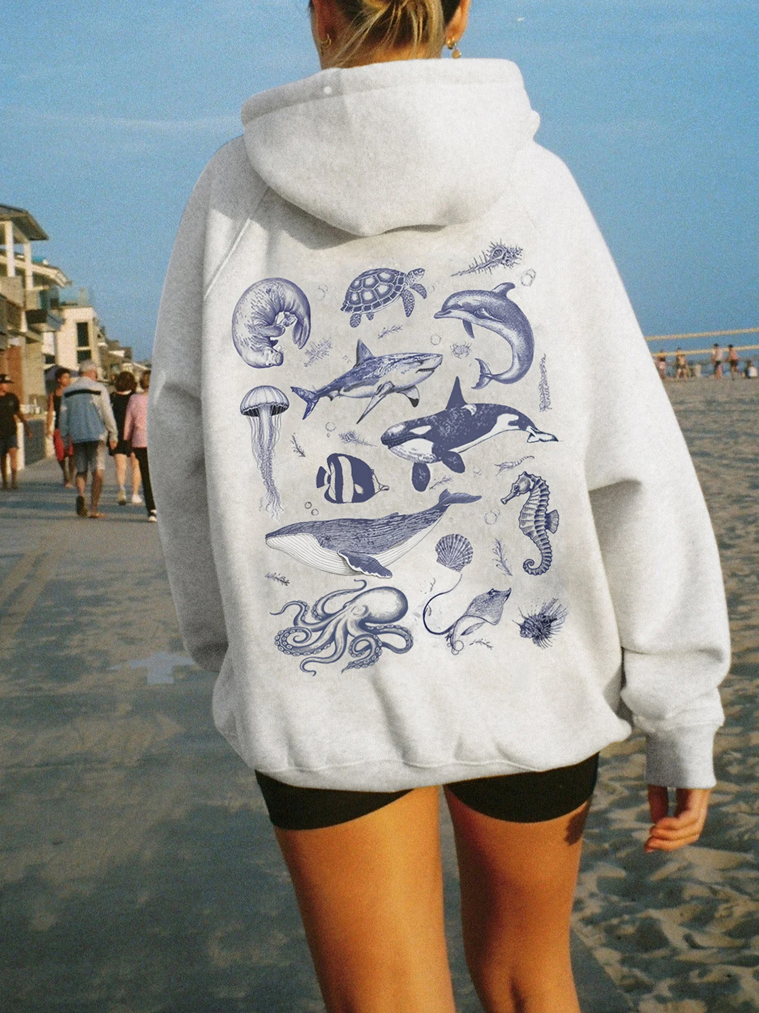 سويت شيرت نسائي كبير الحجم بغطاء للرأس، بلوفر أنيق بطباعة المحيط بأكمام طويلة لملابس الشاطئ والراحة اليومية في الخريف