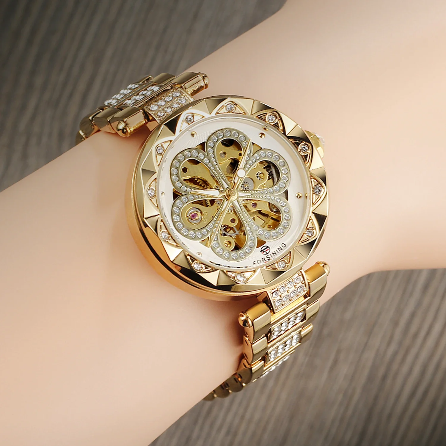 Forsining Ladies Automatic Mechanical Watch Carved Hollowed Out Design Stainless Steel Strap Waterproof Luxury Wristwatch Reloj