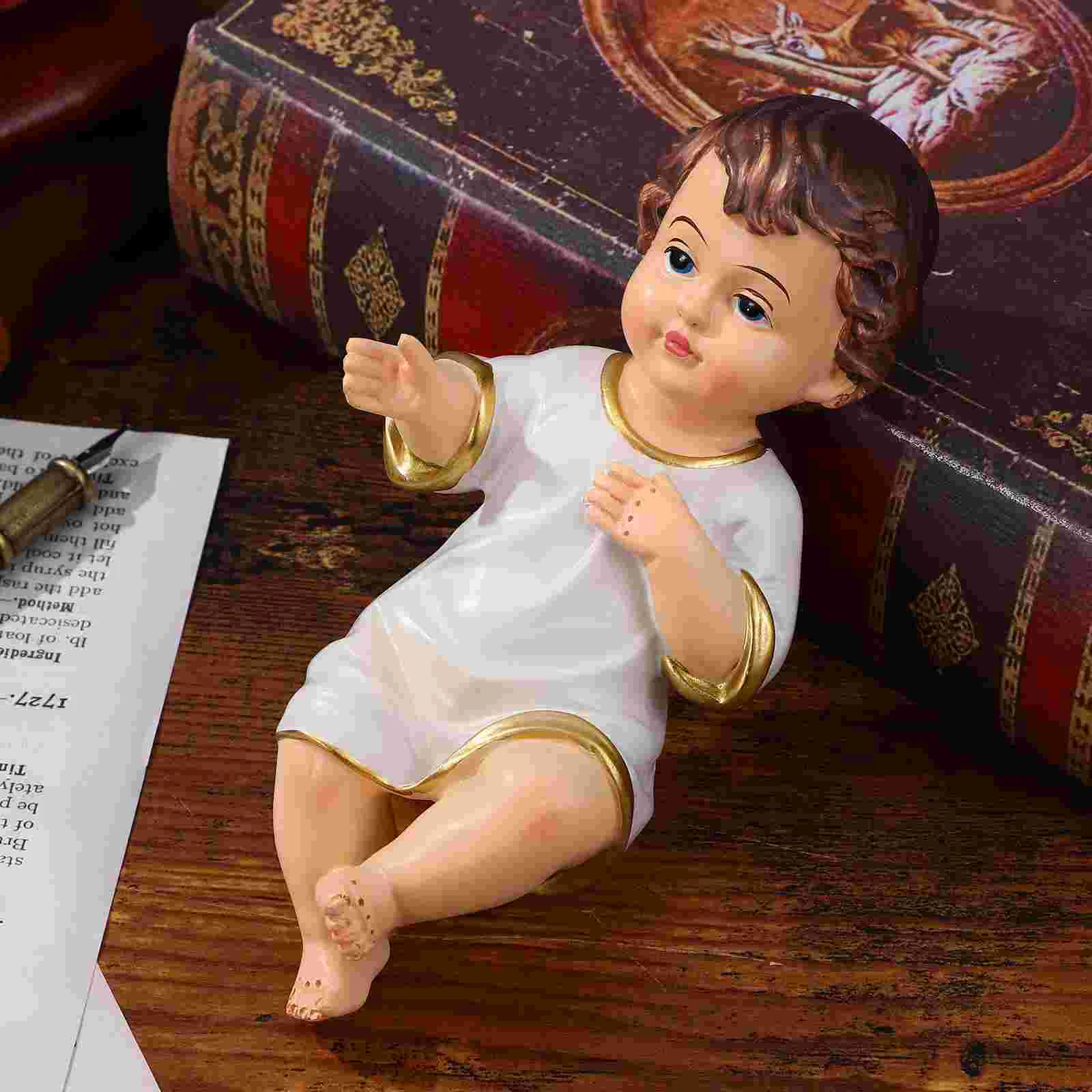 Baby Kit Religious Holy Child Ornament Saint Figurine Home Decor Shelf Resin Adornment Church White Jesus Statue