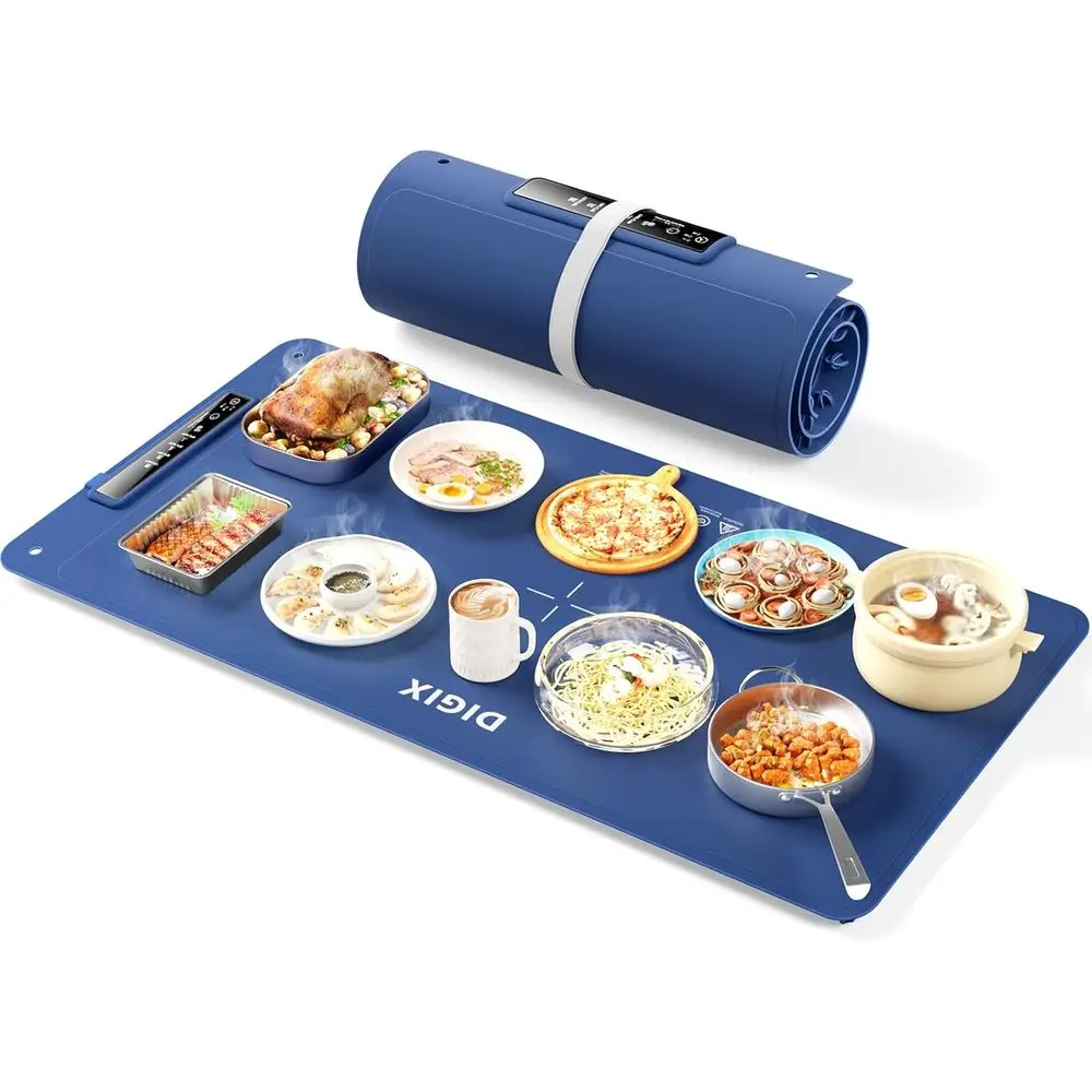

XXL Food Warming Mat, Heat-Resistant, 35x16 Inches, Portable Warmer for Buffet Parties, 4 Temp Levels, 3 Timers, Blue