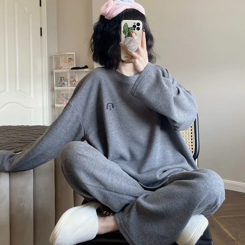Spring Autumn New Women Pajamas Extra Large Waffle Female Thin Homewear Suit Round Neck Solid Color Simple Sleepwear Sets 2024