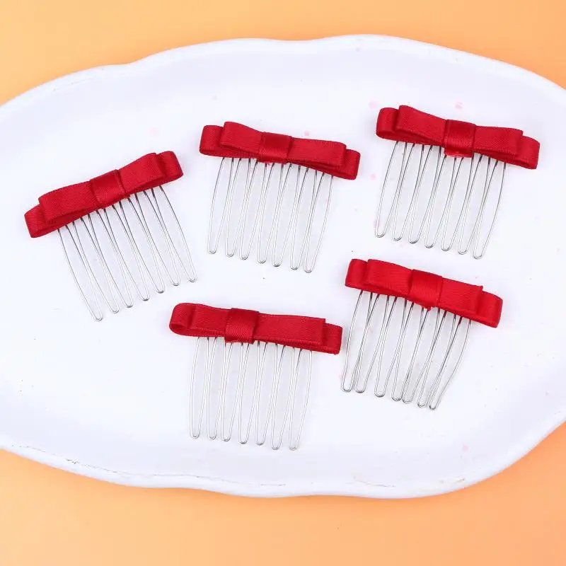 1/3/5Pcs Cute Korean Red Ribbon Bow Hair Combs Metal Teeth Hair Pin Sweet Ornament For Daily Casual Look Wedding Party Hairstyle
