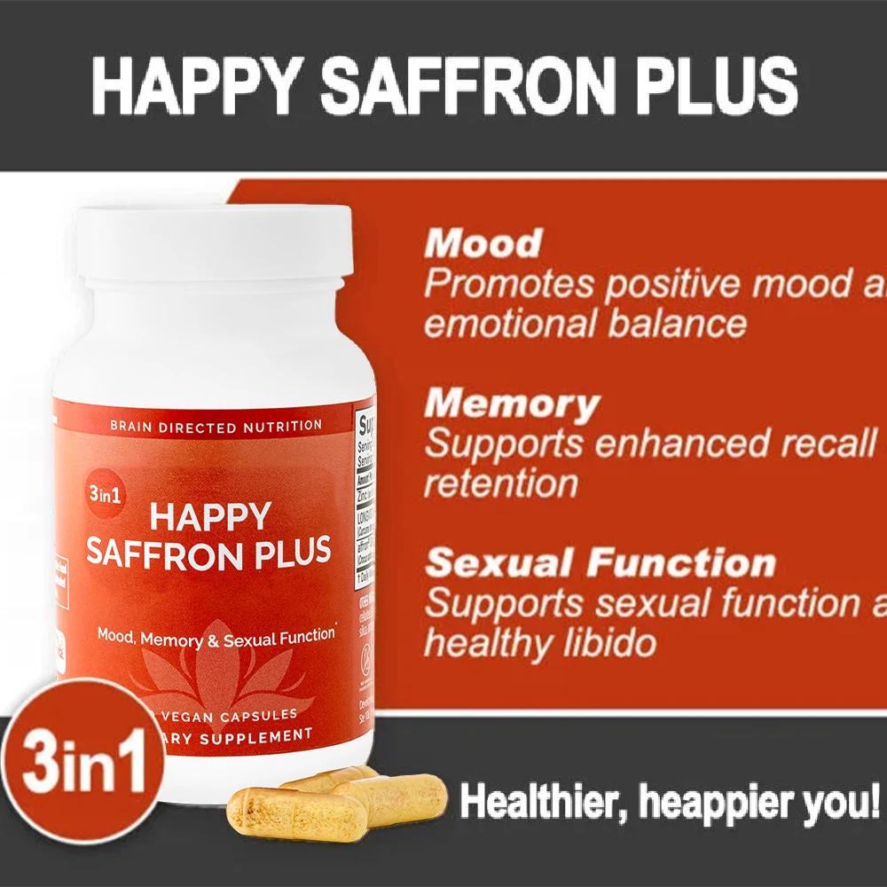 

Happy Saffron Plus Supplements - 90 Capsules - With Saffron Flower Extract, Curcumin & Zinc - Mood Enhancer for Women & Men