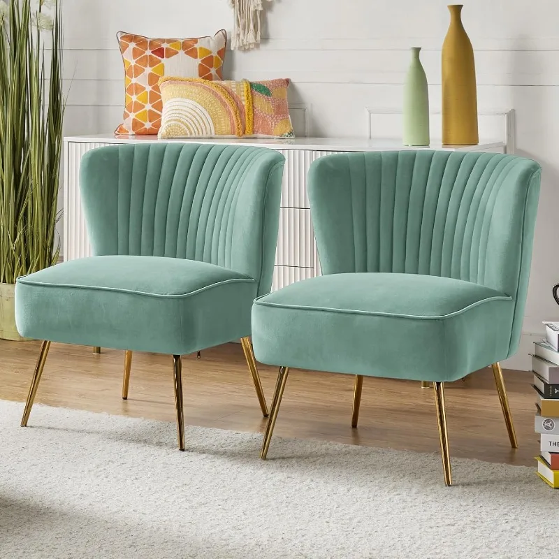 

Набор бархатных стульев с акцентом, 2 шт., современный боковой стул без подлокотников с мягкой обивкой и гламурными золотыми металлическими ножками для туалетного столика в гостиной