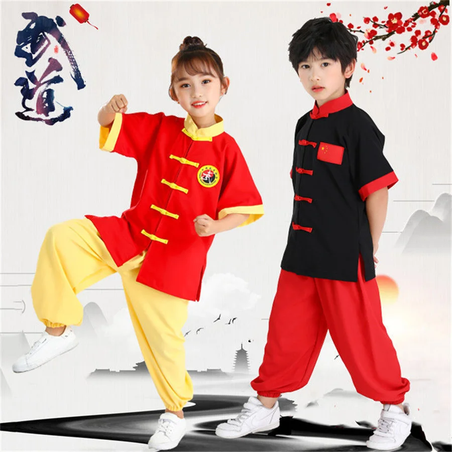 Fato de Wushu de manga curta infantil, roupas de Kung Fu, roupas juvenis, tai chi, estudantes, novo