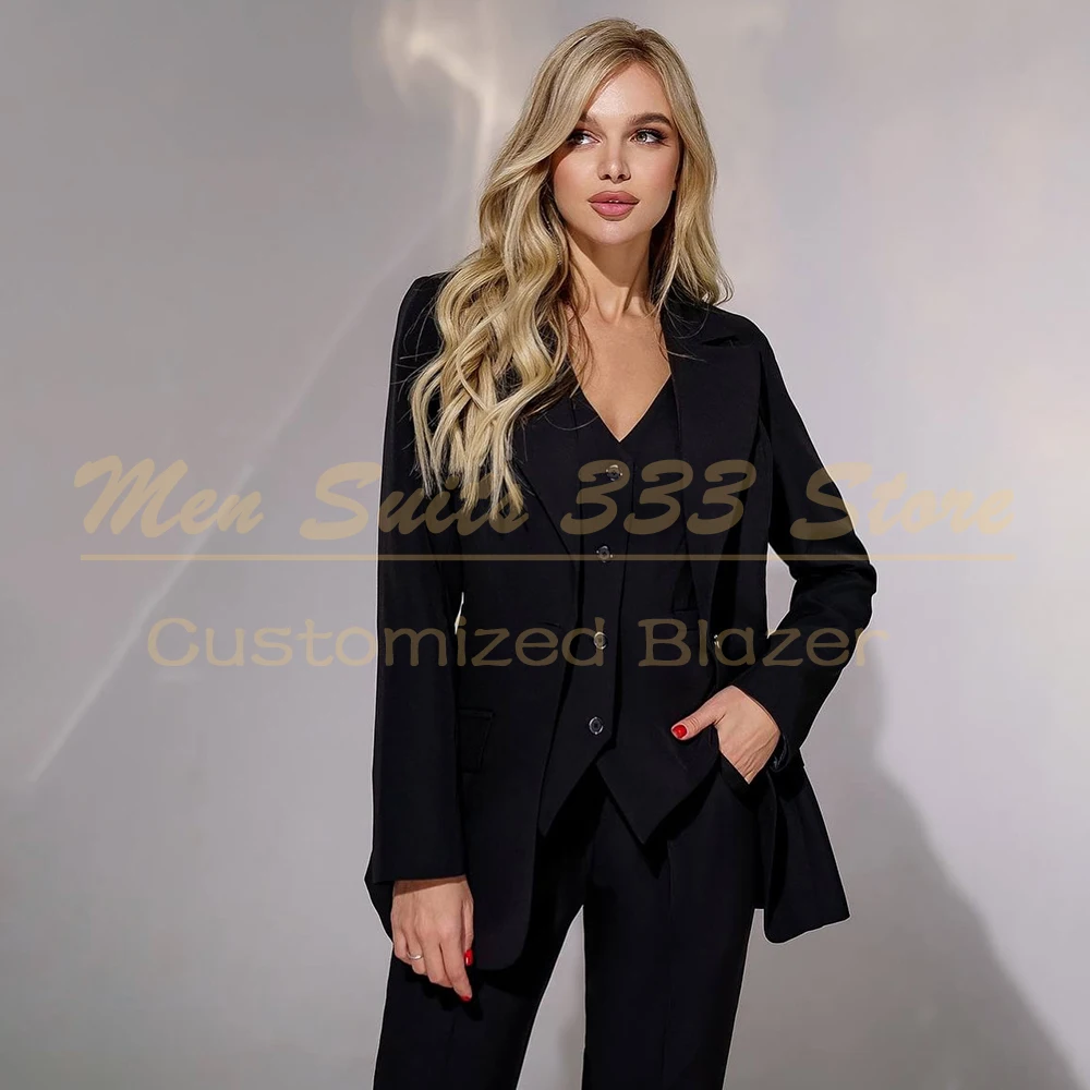 

Formal Black Women's 3 Piece Suits Luxury Single Breasted Peak Lapel Slim Fit Jacket Pants Vest Customzied Office Work Clothing