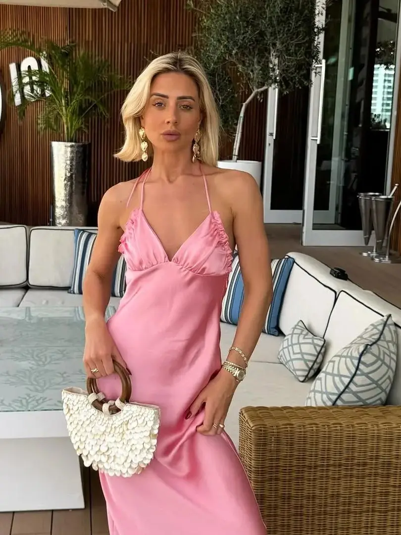 2025 Summer Stain Halter Long Dress Women Chic V-Neck Backless Wrapped Slim Robes Lady Casual Vocation Streetwear Pink Vestidos