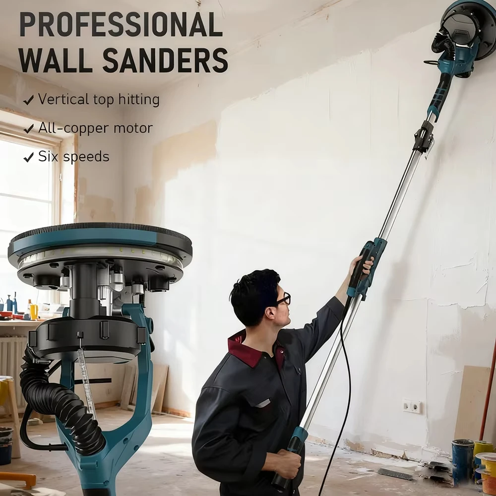 9 Inch Folding Wall Putty Sander Machine Electric Wall Sander Self-absorbing Dust Double Lamp Long Pole Wall Grinder