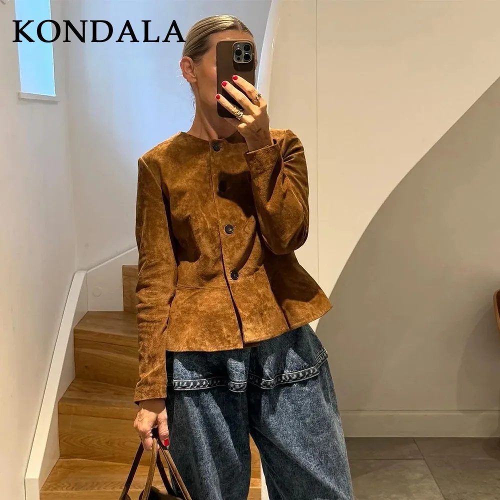 

KONDALA 2025 Fall Winter Suede Brown Streetwear Ladies Jackets Fashion Elegant Single Breasted O Neck Chic Women Jackets