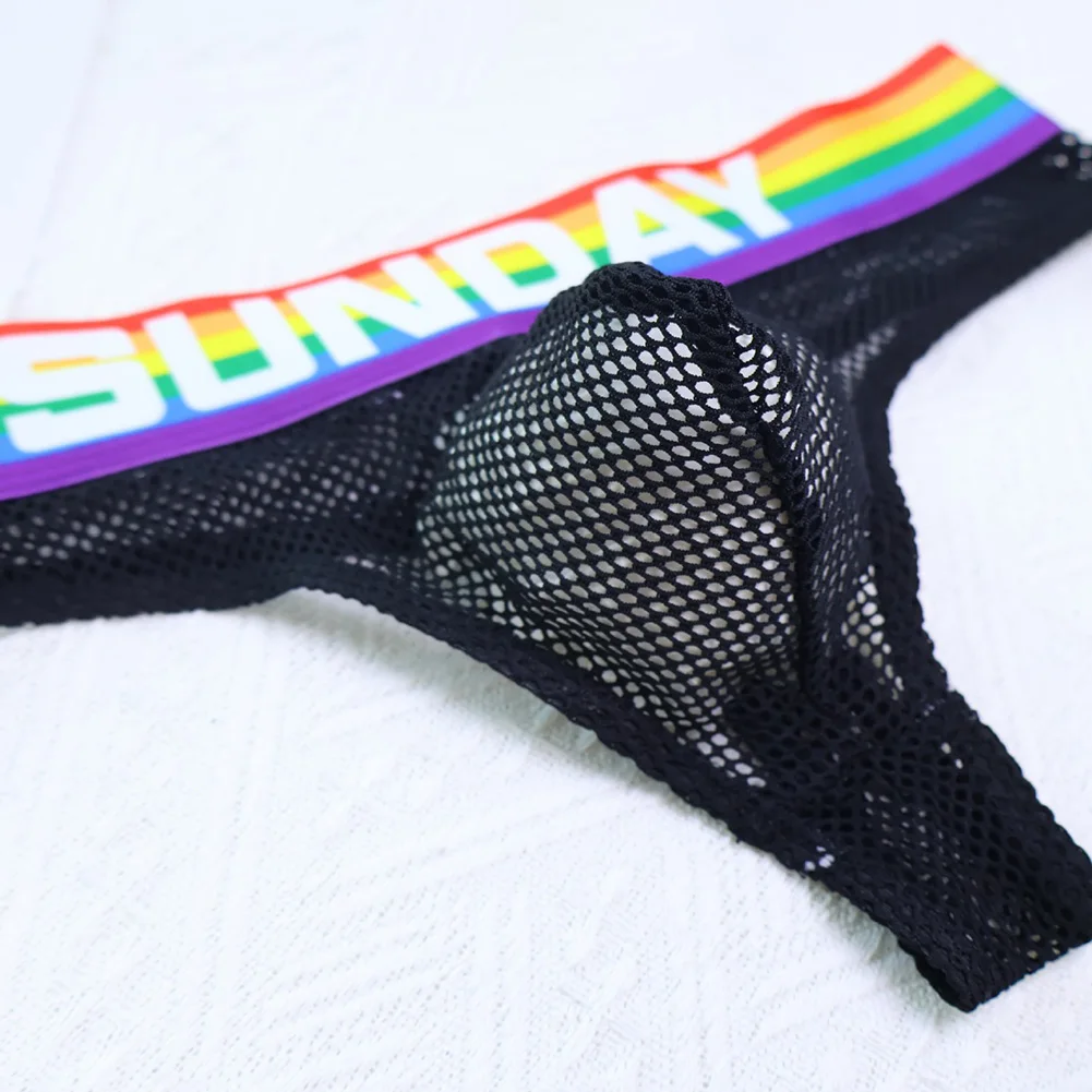 

Mens Low Rise Lingerie Colorful Striped Thongs G-string Mesh Hollow Bulge Pouch Underwear Breathable Panties Erotic Underpants