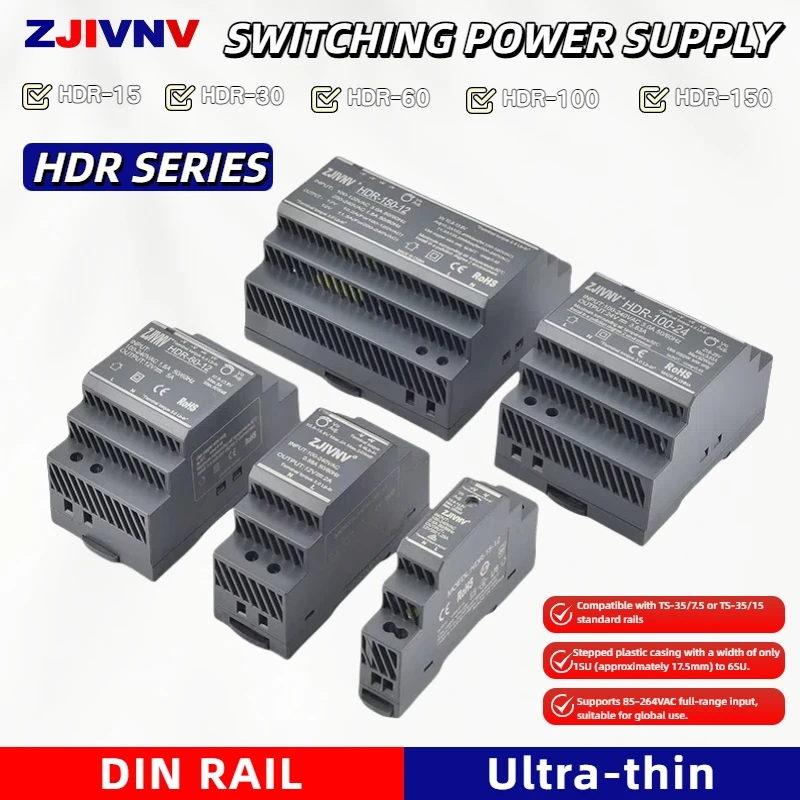 HDR Series 15W 30W 60W 100W AC-DC 5V 12V 15V 24V 48V Ultra Slim Step Shape DIN Rail Switching Power Supply HDR-15W/30W/60W/100W