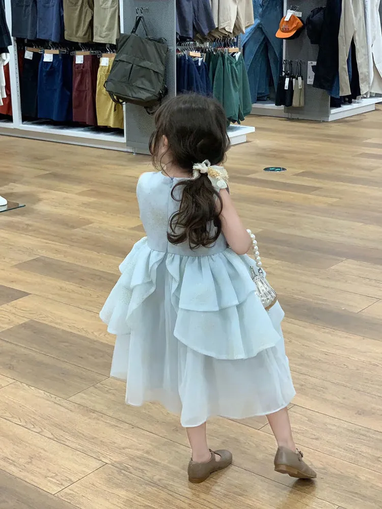 فستان بناتي صيفي بنمط جديد فستان الأميرة لطيف وحلو بدون أكمام تنورة منتفخة شبكية ملابس أطفال كورية