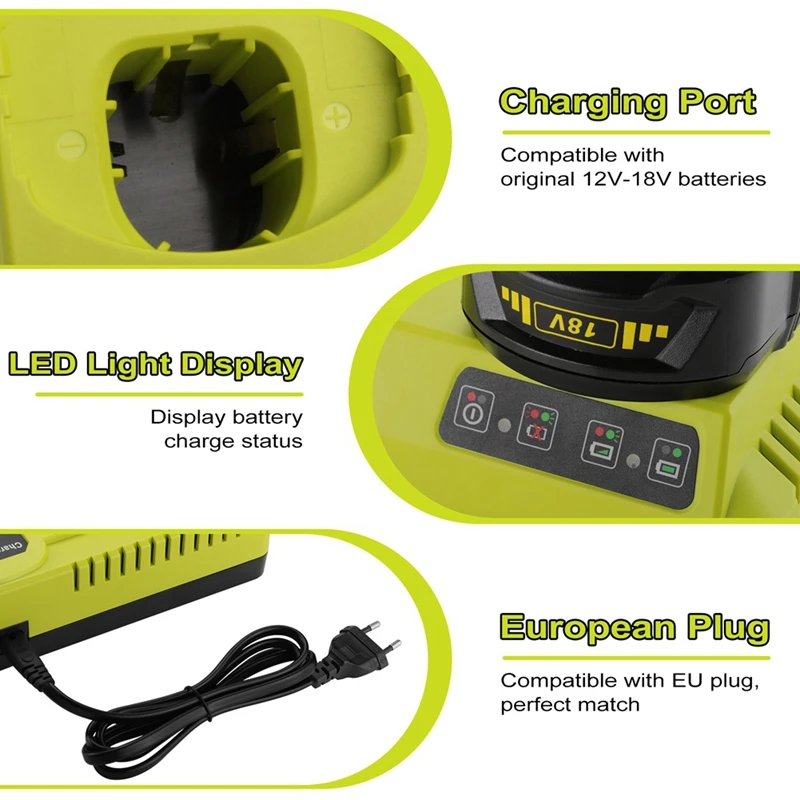 DT98 Dual Port Battery for Ryobi 12V-18V Lithium Battery, 3A Fast , Intelligent Charging, EU Plug