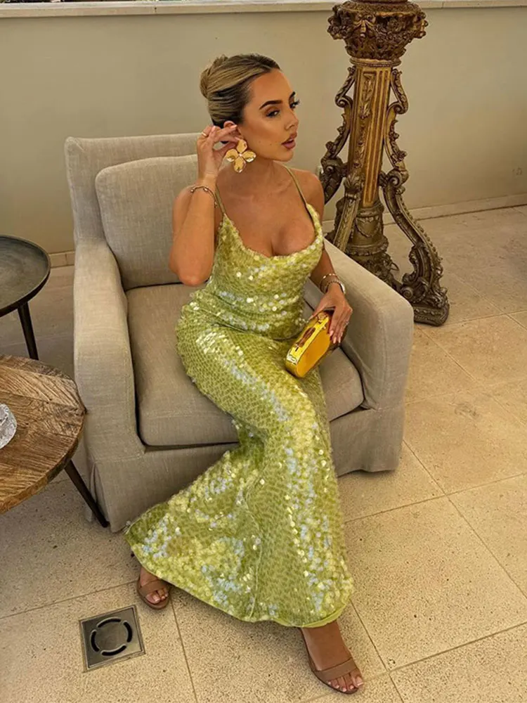 Sexy Green Glitter Sequinned Women's Backless Maxi Dress Chic V Neck Sleeveless Bodycon Sling Robe 2024 Lady Elegant Party Gowns