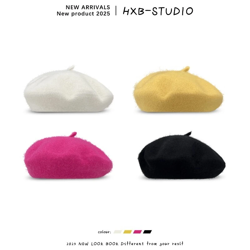 

Korean Ins Literary and Artistic Solid Color Woolen Beret Autumn and Winter Outdoor Versatile Dome Warm Painter Hat for Women's