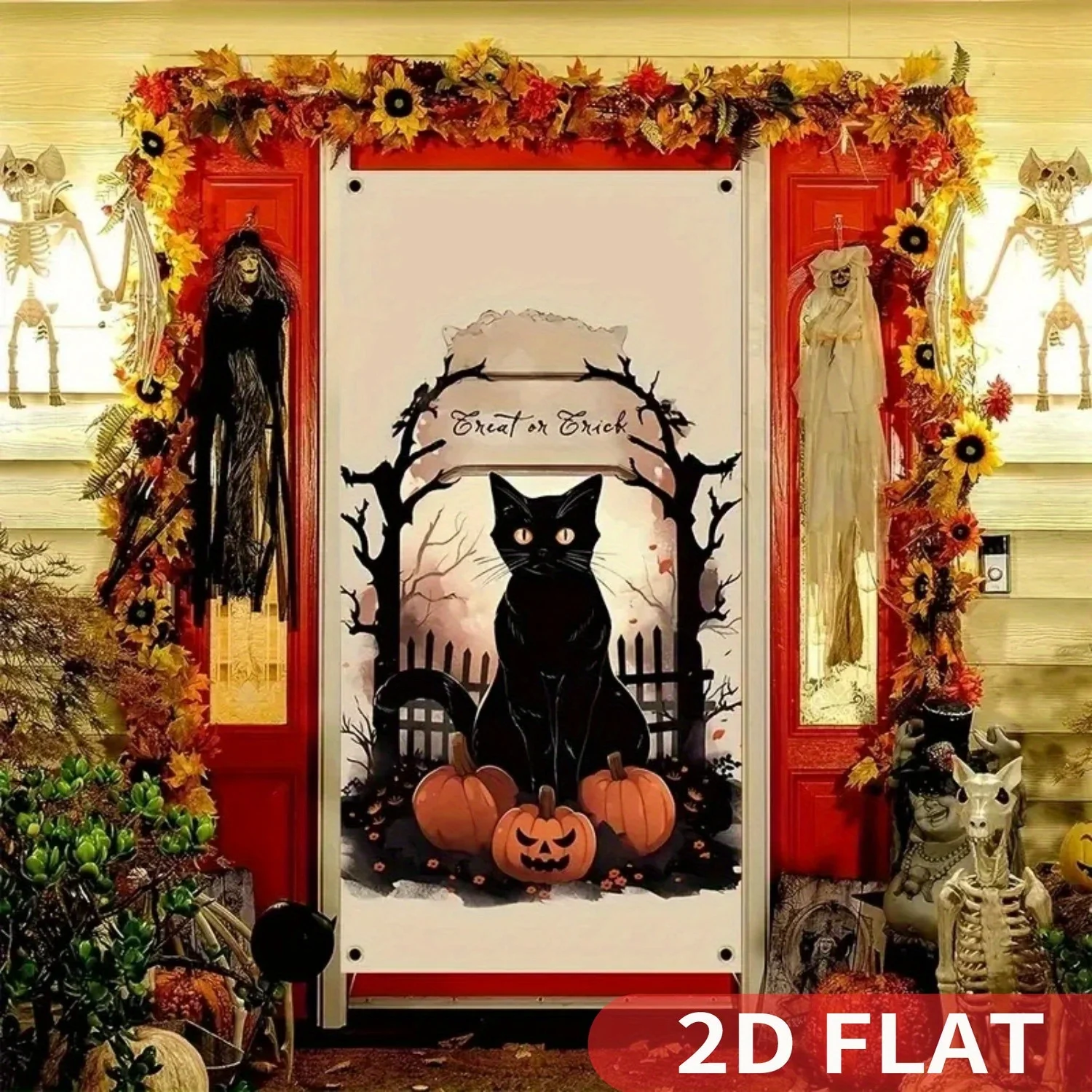 

1pc, Halloween Banner Decoration 3x6FT, Black Cat and Pumpkin Door Curtain, Front Porch Backdrop Outdoor Home Window Wall Decor
