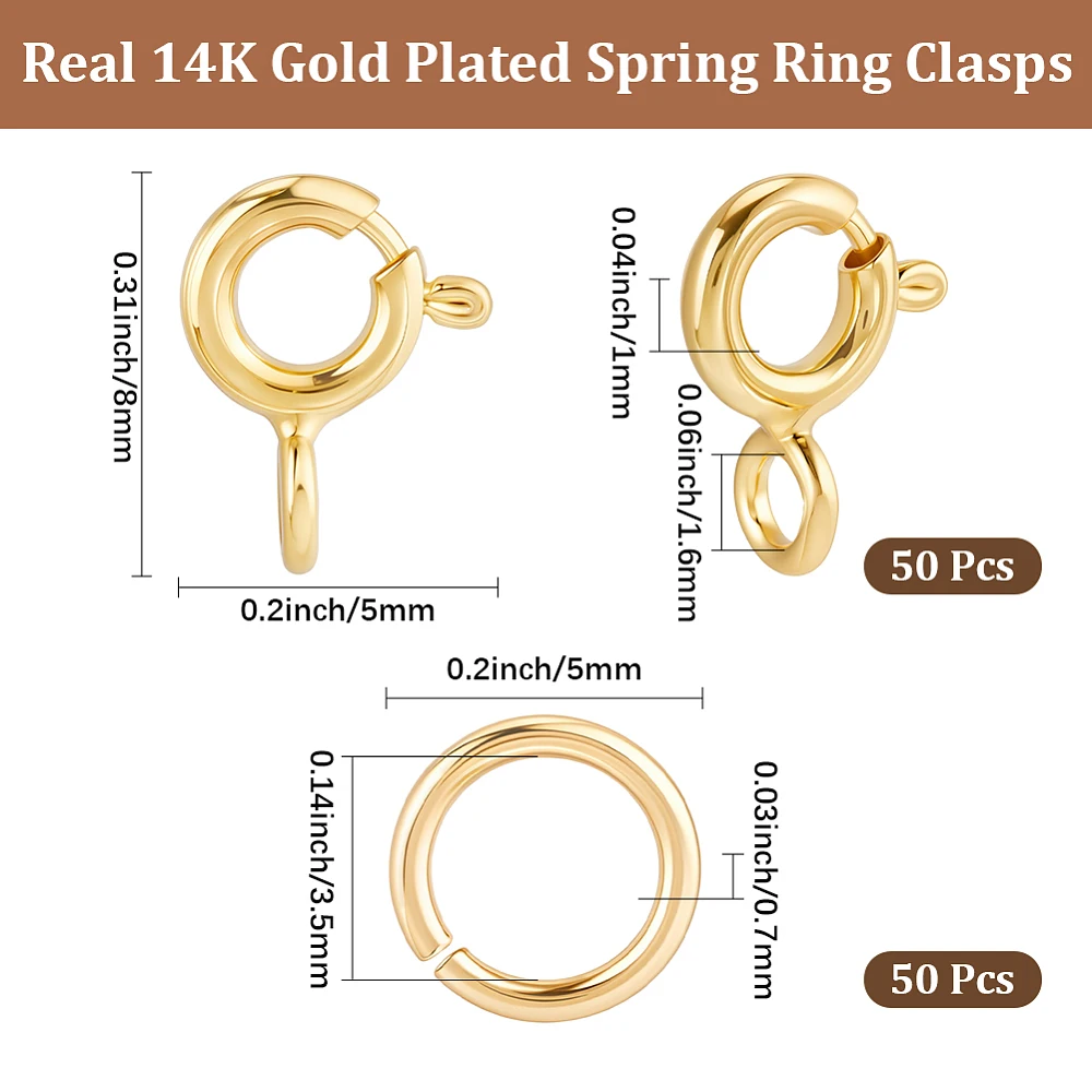 50 Sets Spring Necklace Clasps 14K Gold Plated Round Lobster Clasp Spring Connector Closure with Open Jump Rings for Bracelet