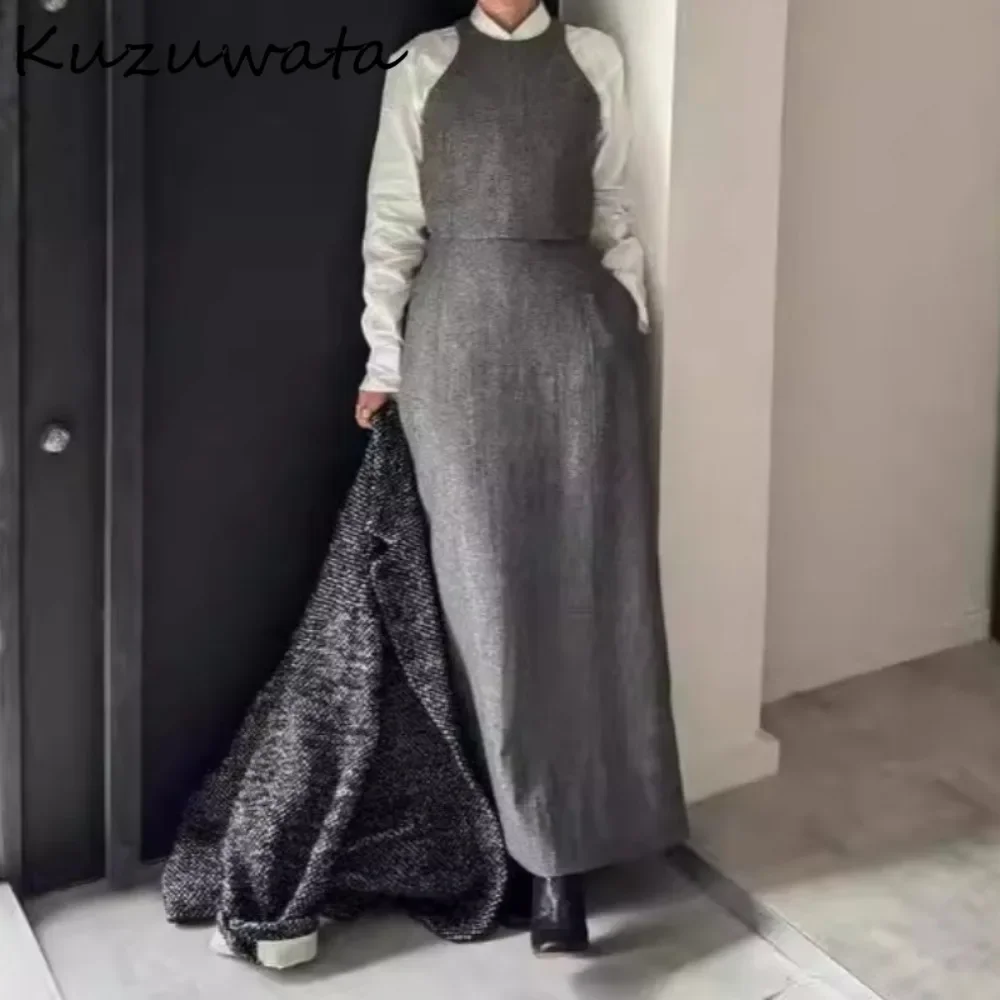 Kuzuwata Vintage O Neck Sleeveless Tweed Sets Vest High Waist Straight Elegant French Style Skirt Japan Slim Wool Suits Faldas