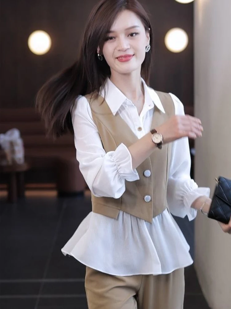 

Модный комплект из прямых брюк и рубашки для женщин: осенняя новинка, элегантный костюм-двойка, изысканный ансамбль