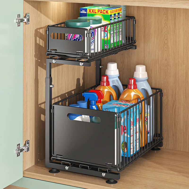 2 Tier Pull Out Under Sink Organizer Adjustable Height Kitchen Storage Rack Sliding Out Cabinet Organizer Drawers Spice Jar Rack