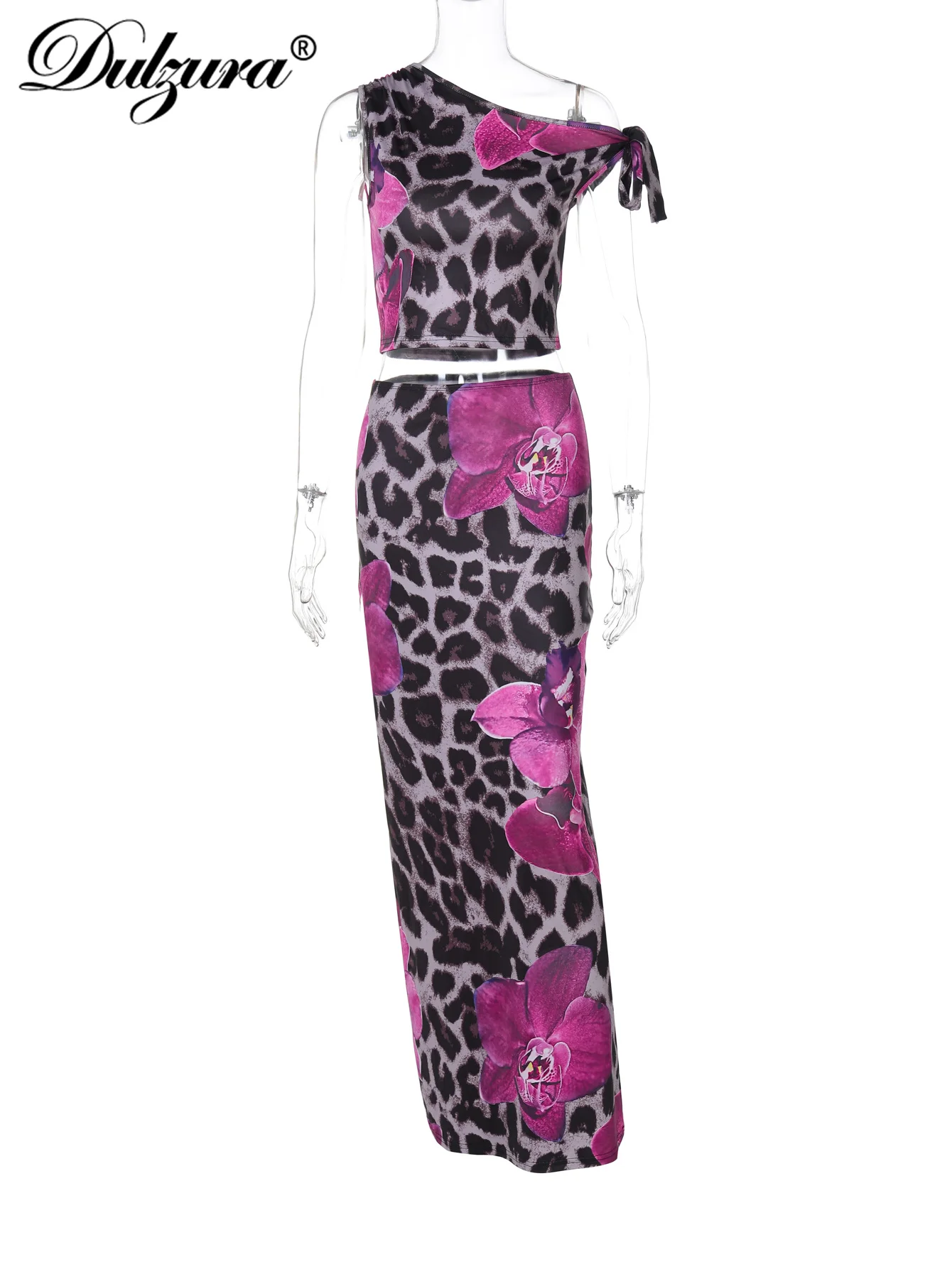 Dulzura Leopardo Sexy Elegante Casual 2 Pezzi Gonna Set Senza Maniche Aderente Con Lacci Canotta Maxi Gonna Set Coordinato Party Clubwear