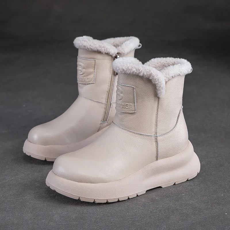 

Women's Winter Snow Boots 2025 New Fur Leather Integrated Short Boots Thickened Warm Plush Flat Bottom Mid-Calf Cotton Shoes