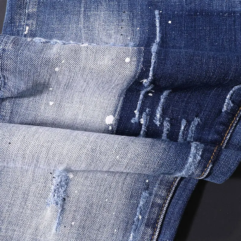 Street Fashion Men Jeans Retro Washed Blue Elastic Stretch Slim Fit Ripped Jeans Men Vintage Designer Denim Pencil Pants Hombre