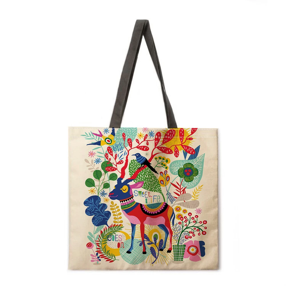 

Nordic illustration linen handbag light shoulder bag large capacity eco-friendly shopping bag tote bag