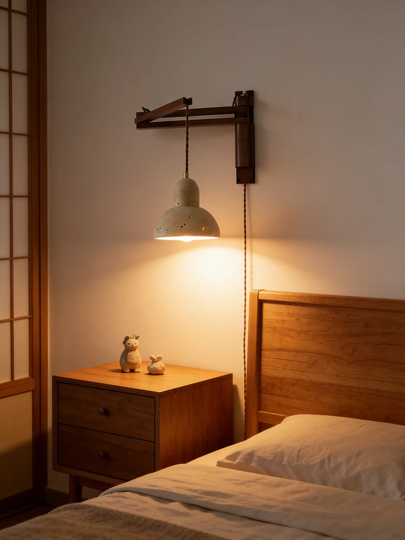 Natural Stone Wall Lamp Wooden Pole Can Rotate Light Reading