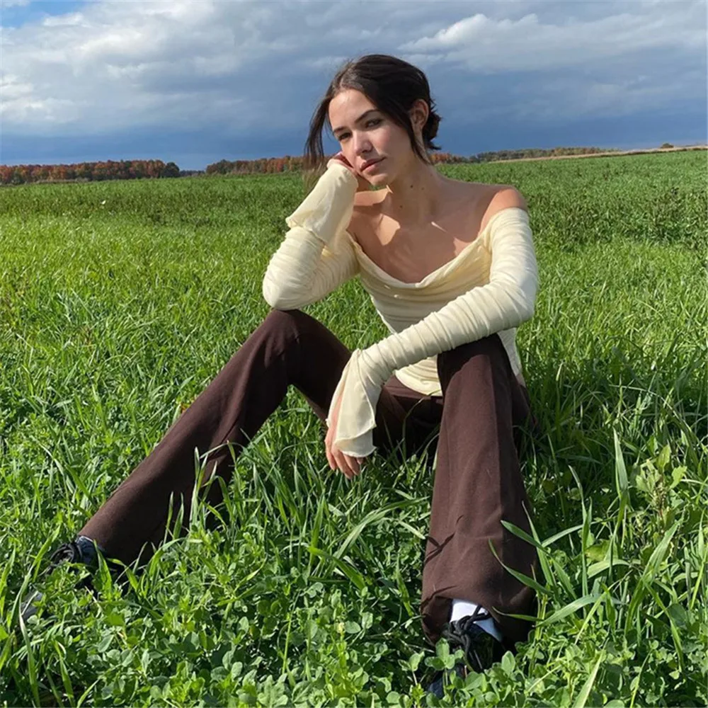 Y2Kformal DressesWomen'S Shoulder Slim Fit Mesh Flare T-Shirt Long Sleeve, Off NavelHot Selling, Sexy Wear, Autumn, N