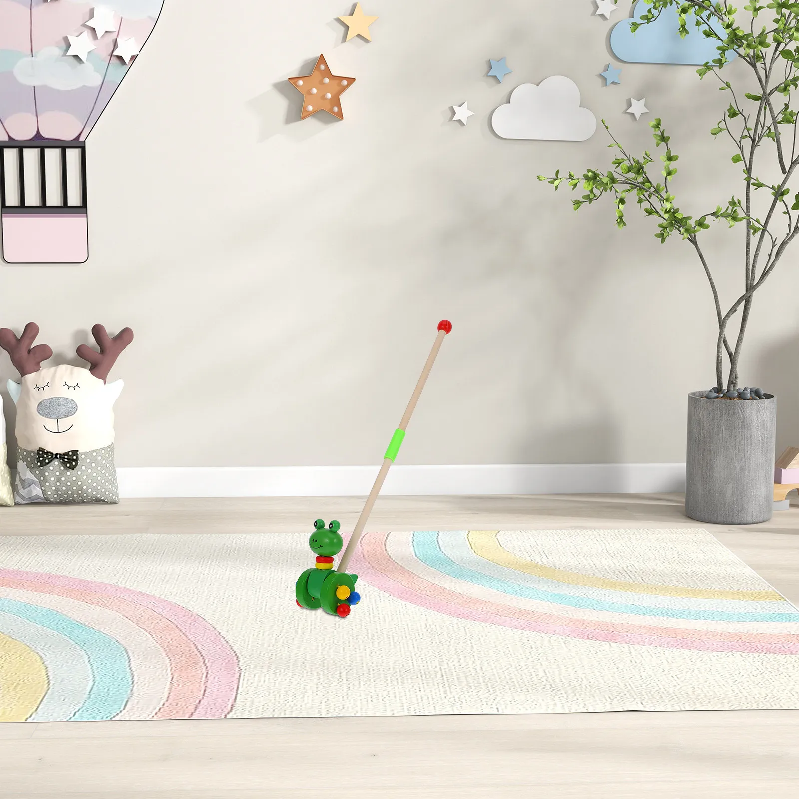 Marche-bébé en bois, design d'animaux de dessin animé, couleurs vives, chariot à pousser et à tirer pour la petite enfance, reconnaissance des couleurs