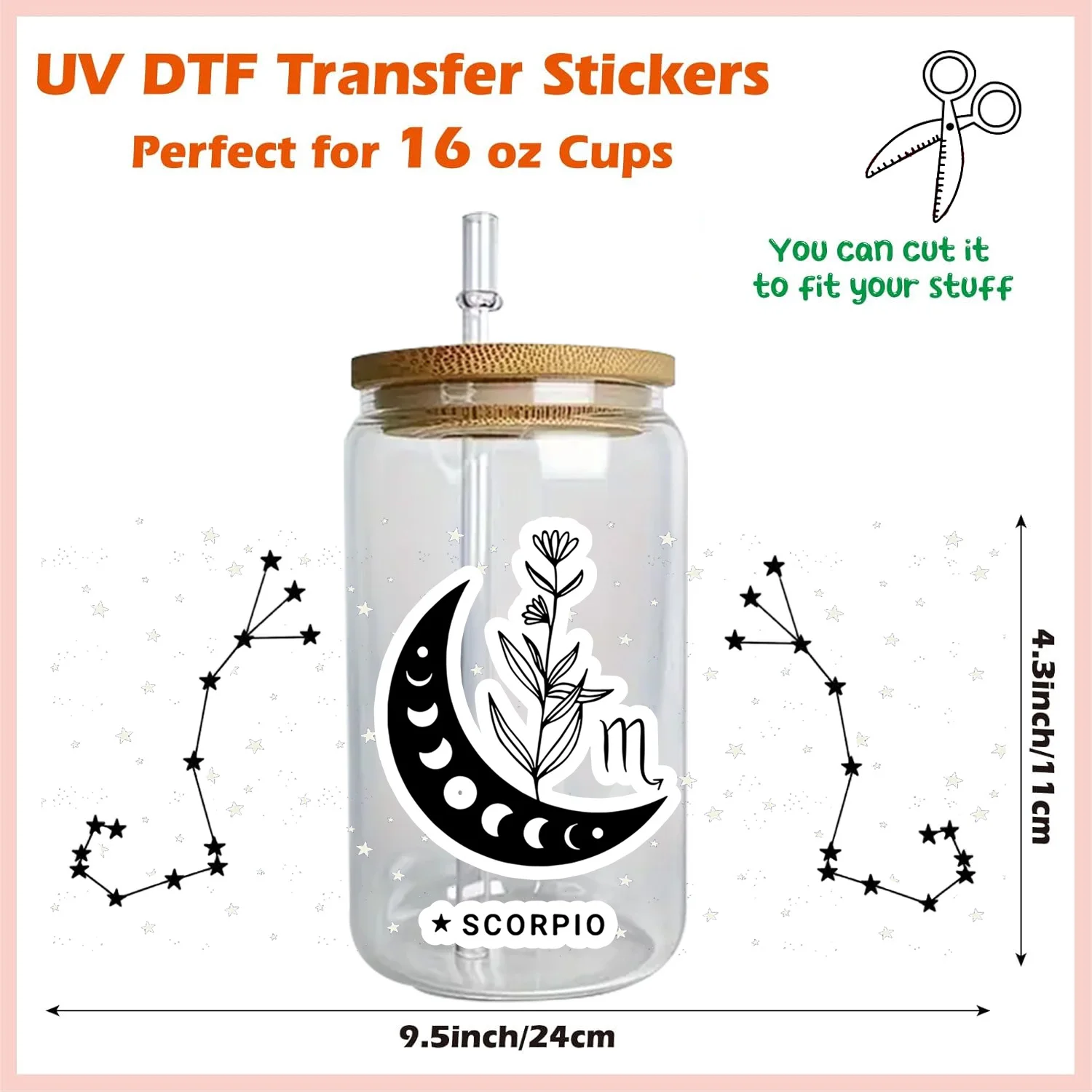 Constellation Series Easy peel waterproof DIY Decals 3D transfers uvdtf crystal stickers 16oz uv dtf cup wraps for Glass