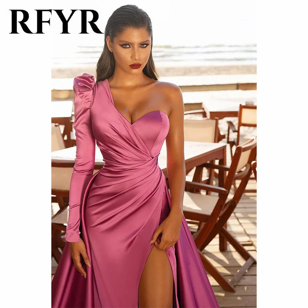 Rfyr eine Schulter volle Ärmel Abendkleider Seite Split Fleck rosa Ballkleider exquisite Falte Meerjungfrau Vestidos de Fiesta